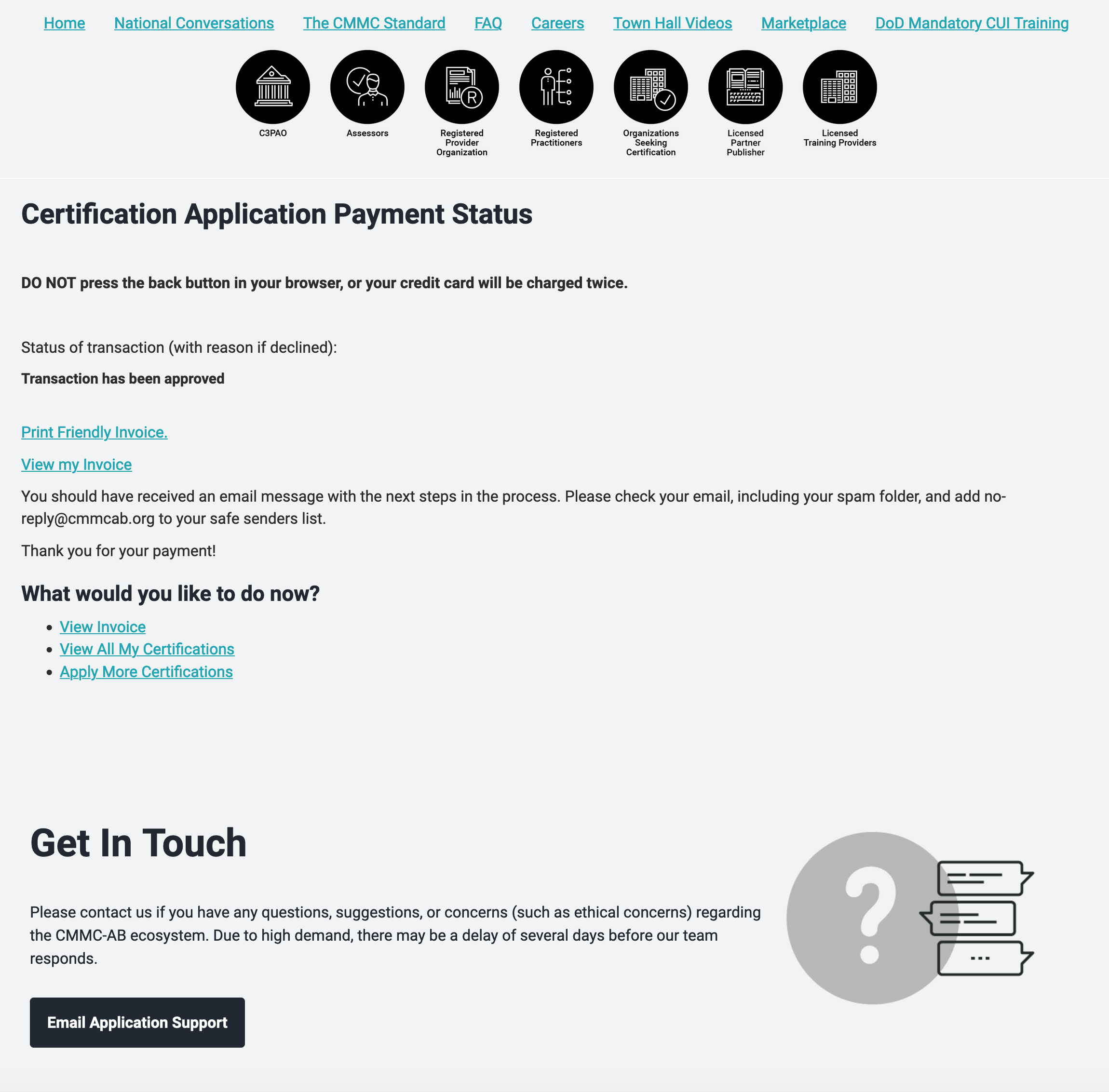 screenshot of payment acceptance