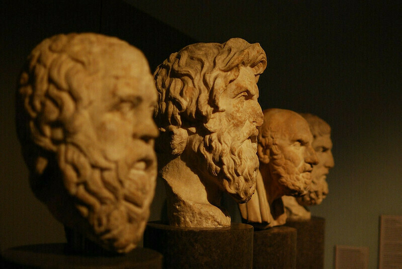 three Greek philosopher busts